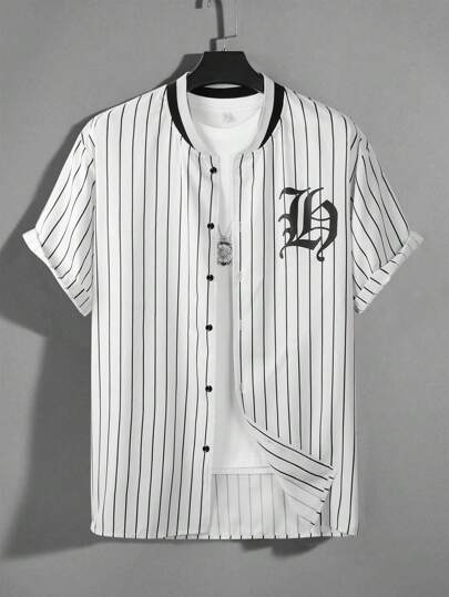 Guys Striped & Letter Graphic Baseball Collar Shirt Without Tee