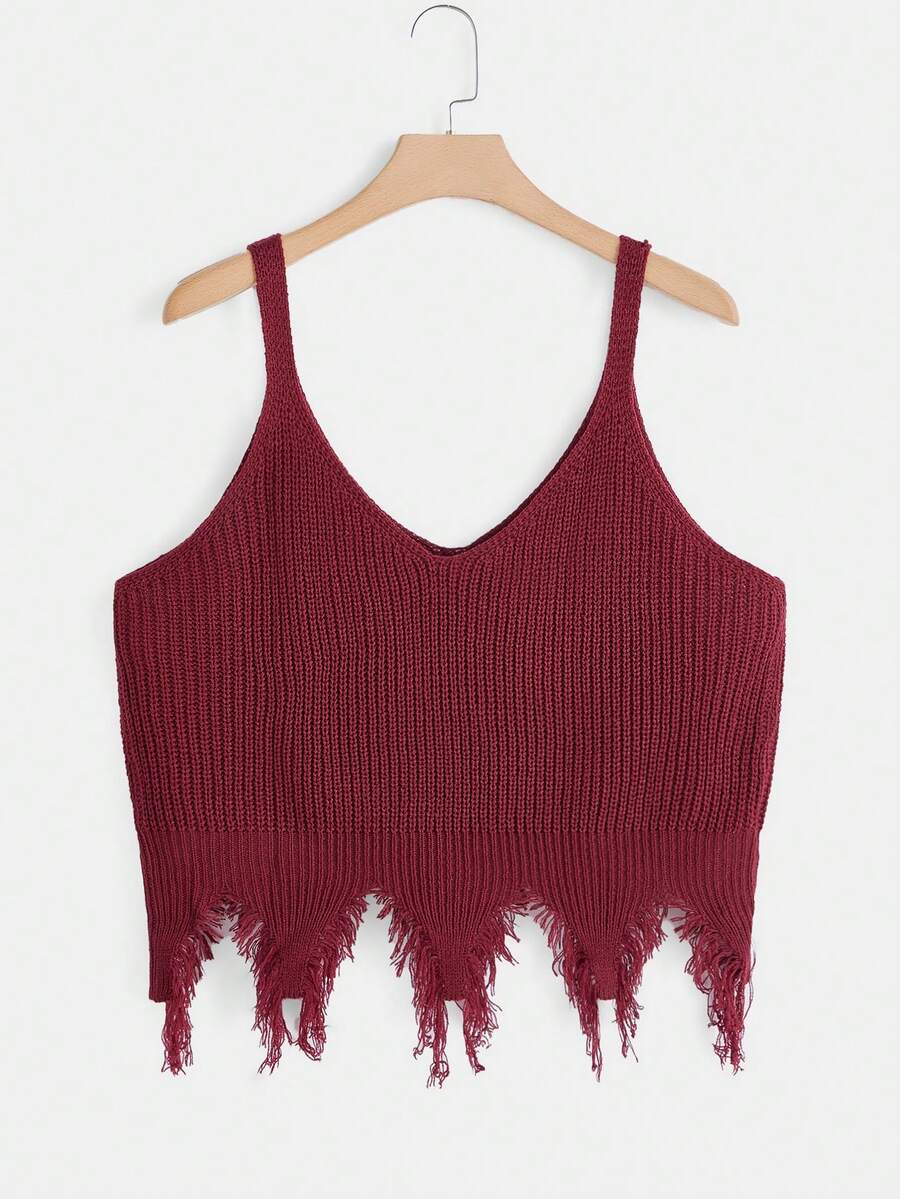 Calvaya áo đan kích thước lớn Bất đối xứng Hem thô màu trơn Giải trí - Màu Đỏ Sâu - Xem 1