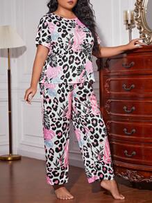Plus Leopard & Tropical Print PJ Set / Pajama Set - Multicolor - View 5