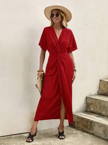 SHEIN LUNE 前扭結蝙蝠袖圍裹連衣裙 - 紅色 - 查看 1