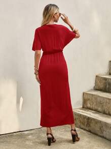 SHEIN LUNE 前扭結蝙蝠袖圍裹連衣裙 - 紅色 - 查看 2