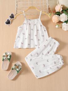 SHEIN Toddler Girls Rainbow Print Cami Top & Trousers Set - White - View 1