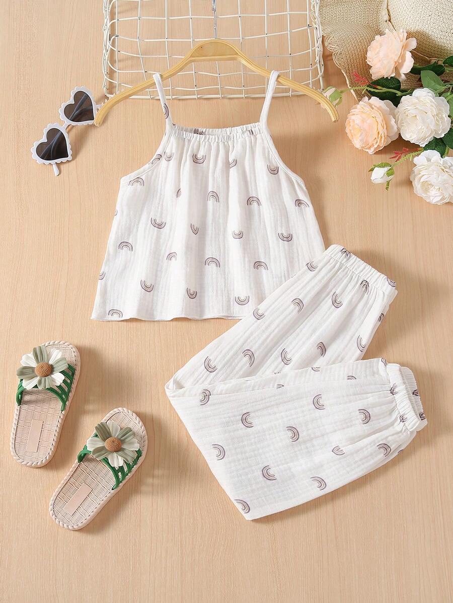 SHEIN Toddler Girls Rainbow Print Cami Top & Trousers Set - White - View 1