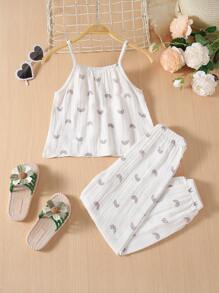 SHEIN Toddler Girls Rainbow Print Cami Top & Trousers Set - White - View 2