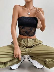 SHEIN EZwear 女式花卉蕾丝短款修身性感吊带背心，夏季