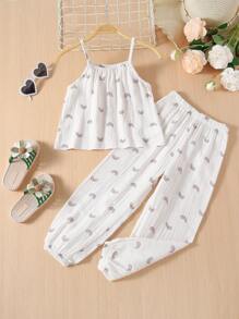 SHEIN Toddler Girls Rainbow Print Cami Top & Trousers Set - White - View 7