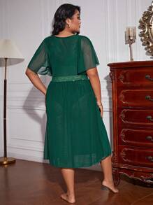 大碼蕾絲拼接蝴蝶袖網紗睡裙 - 墨綠色 - 查看 2