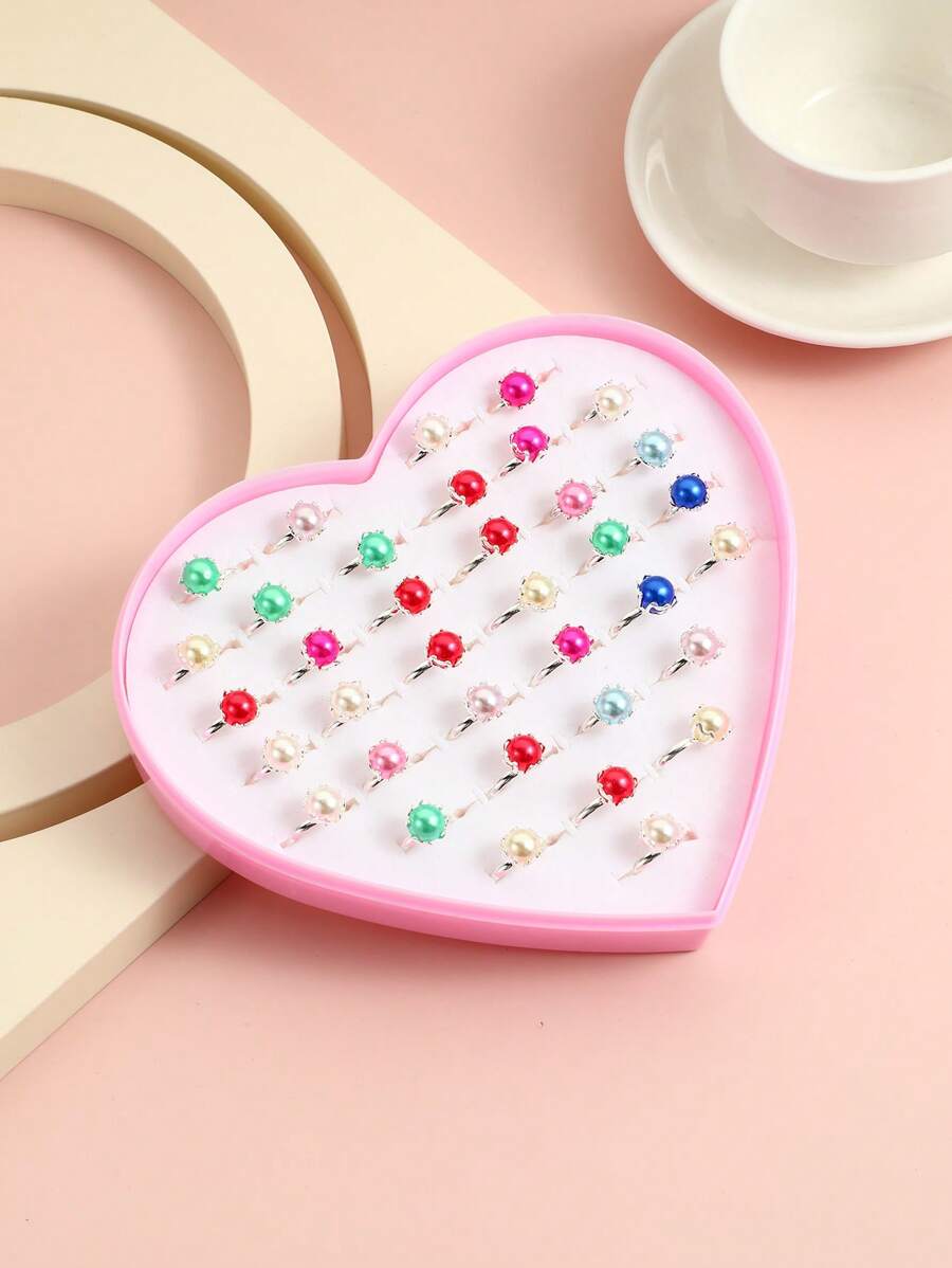 36入組女孩人造珍珠裝飾戒指日常裝飾 - 彩色 - 查看 1