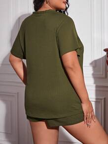 Plus Ribbed Knit Button Front PJ Set - Army Green - View 2
