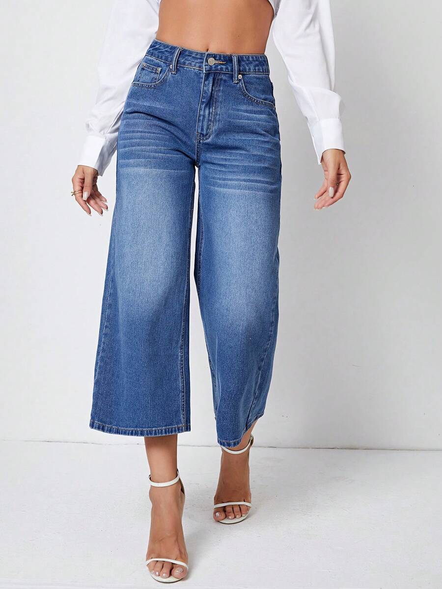 SHEIN Essnce Quần jean nữ Nút Túi Dây kéo màu trơn - Rửa trung bình - Xem 1