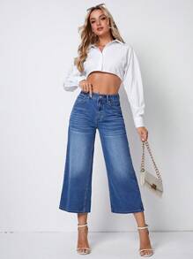 SHEIN Essnce Quần jean nữ Nút Túi Dây kéo màu trơn - Rửa trung bình - Xem 5