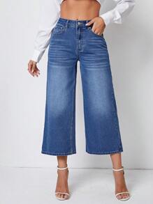SHEIN Essnce Quần jean nữ Nút Túi Dây kéo màu trơn - Rửa trung bình - Xem 6