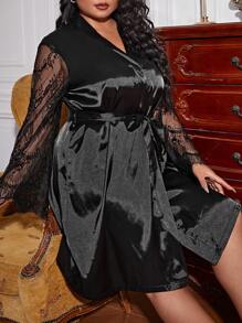 Plus Contrast Lace Trumpet Sleeve Belted Satin Robe Without Lingerie Set - Black - View 1