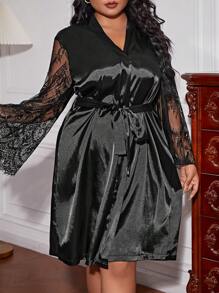 Plus Contrast Lace Trumpet Sleeve Belted Satin Robe Without Lingerie Set - Black - View 5