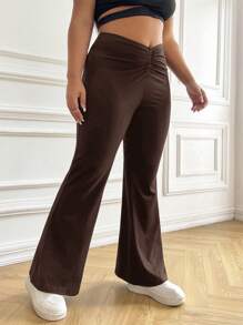 SHEIN EZwear 加大码褶皱前摆喇叭裤春季服装 - 巧克力棕 - 查看 1