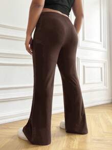 SHEIN EZwear 加大码褶皱前摆喇叭裤春季服装 - 巧克力棕 - 查看 2