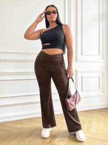 SHEIN EZwear 加大码褶皱前摆喇叭裤春季服装 - 巧克力棕 - 查看 3