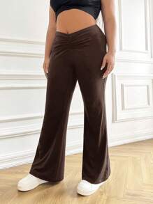 SHEIN EZwear 加大码褶皱前摆喇叭裤春季服装 - 巧克力棕 - 查看 4