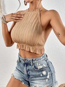 SHEIN VCAY 素色荷葉邊掛脖上衣 - 卡其色 - 查看 5