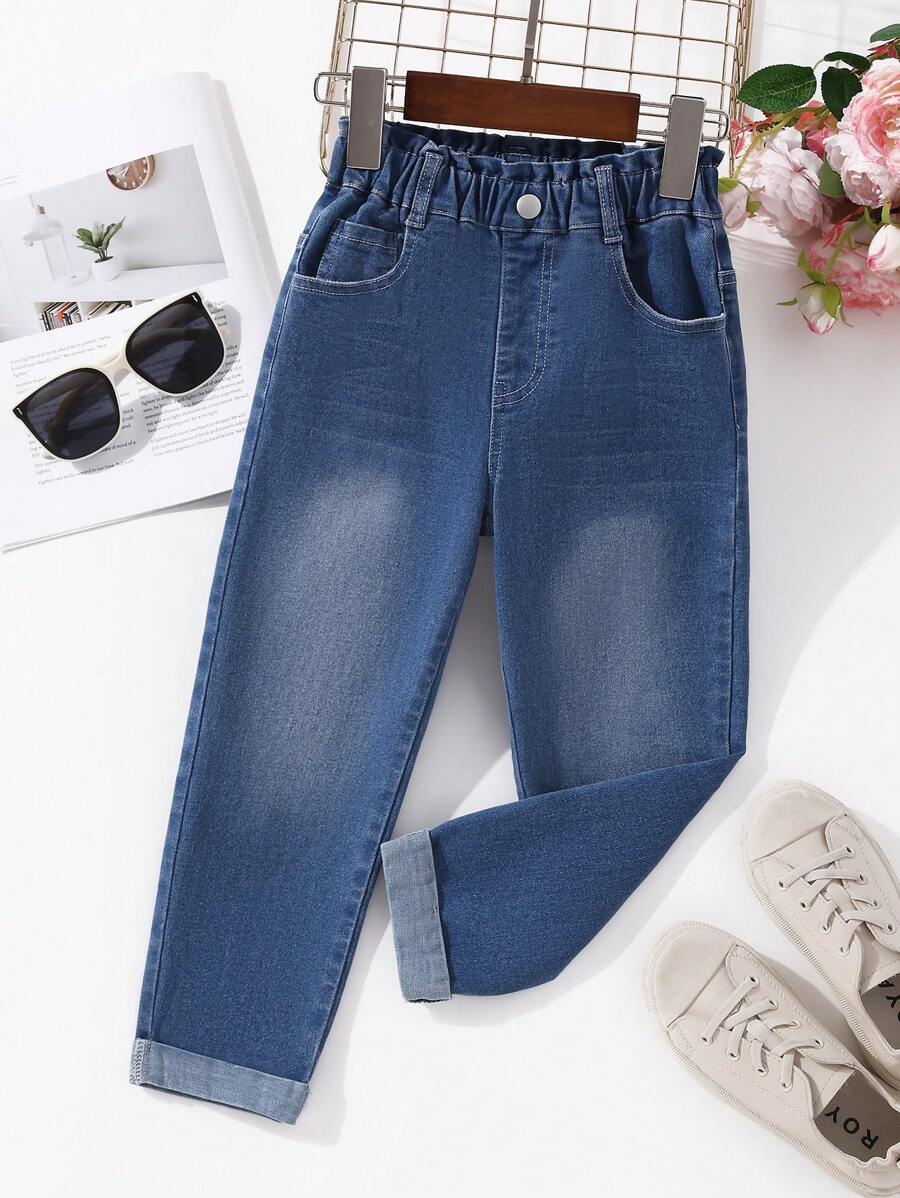 SHEIN Young Girl Bleach Wash Paperbag Waist Straight Leg Jeans Summer Holiday - Medium Wash - View 1