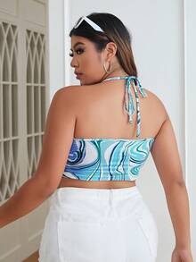 SHEIN EZwear Plus Marble Print Drawstring Front Halter Top - Blue and White - View 2