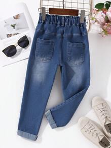 SHEIN Young Girl Bleach Wash Paperbag Waist Straight Leg Jeans Summer Holiday - Medium Wash - View 2