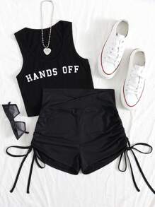 SHEIN EZwear Plus Drawstring Side Solid Shorts - Black - View 1
