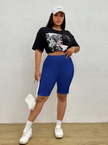 SHEIN EZwear Plus Solid Ribbed Knit Cycling Shorts - Royal Blue - View 7