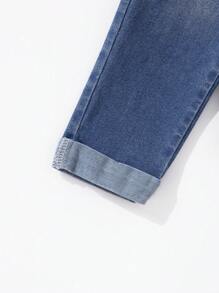 SHEIN Young Girl Bleach Wash Paperbag Waist Straight Leg Jeans Summer Holiday - Medium Wash - View 3