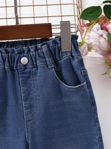 SHEIN Young Girl Bleach Wash Paperbag Waist Straight Leg Jeans Summer Holiday - Medium Wash - View 4