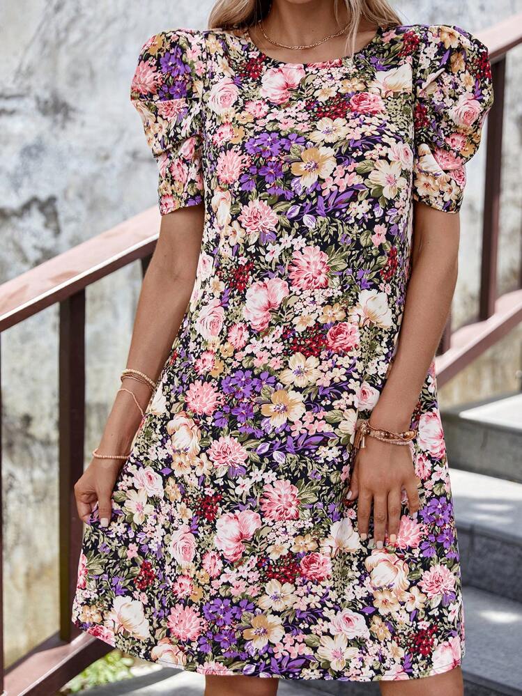 SHEIN LUNE Boho Bloemen Volledig geprint Jurk Knoop - Veel kleurig - Bekijken 4