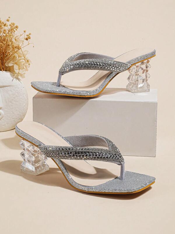 Women Rhinestone Decor Sculptural Heeled Thong Sandals, Glamorous
