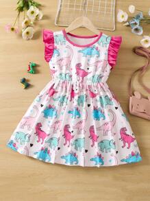 SHEIN Niñas Vestido con estampado de dinosaurio ribete con fruncido - Multicolor - Ver 1