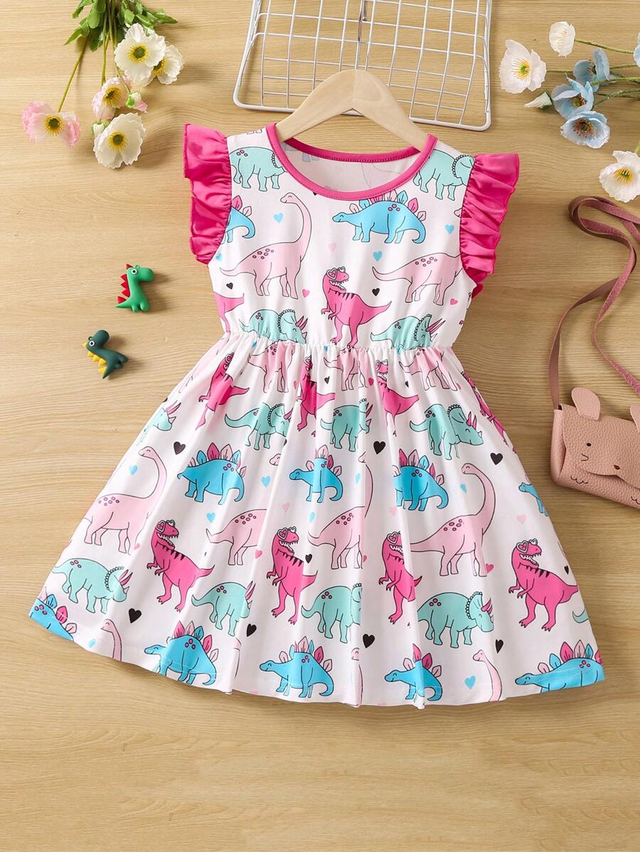 SHEIN Niñas Vestido con estampado de dinosaurio ribete con fruncido - Multicolor - Ver 1