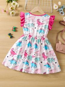 SHEIN Niñas Vestido con estampado de dinosaurio ribete con fruncido - Multicolor - Ver 2