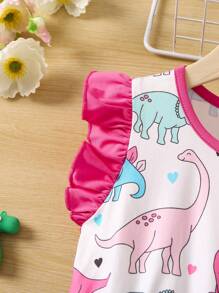 SHEIN Niñas Vestido con estampado de dinosaurio ribete con fruncido - Multicolor - Ver 3