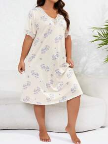 Đầm mặc nhà Kích Thước Lớn Tương phản ren Hoa In ngẫu nhiên - Màu be - Xem 5