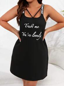 大碼標語圖案睡裙 - 黑色 - 查看 3