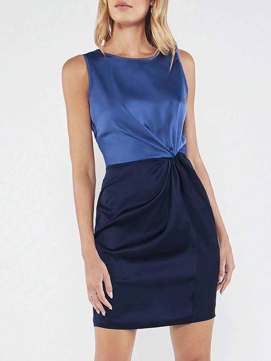 BizChic Two Tone Twist Front Satin Dress Workwear - Blue - View 1