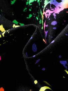 SHEIN Tween Girl Cold Shoulder Tee & Splash Ink Print Trousers - Black - View 5