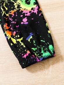 SHEIN Tween Girl Cold Shoulder Tee & Splash Ink Print Trousers - Black - View 6