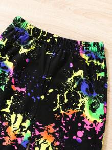 SHEIN Tween Girl Cold Shoulder Tee & Splash Ink Print Trousers - Black - View 7