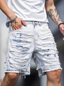 Manfinity 男款寬鬆割裂磨邊原始邊緣牛仔短褲 - 淺色水洗藍 - 查看 1