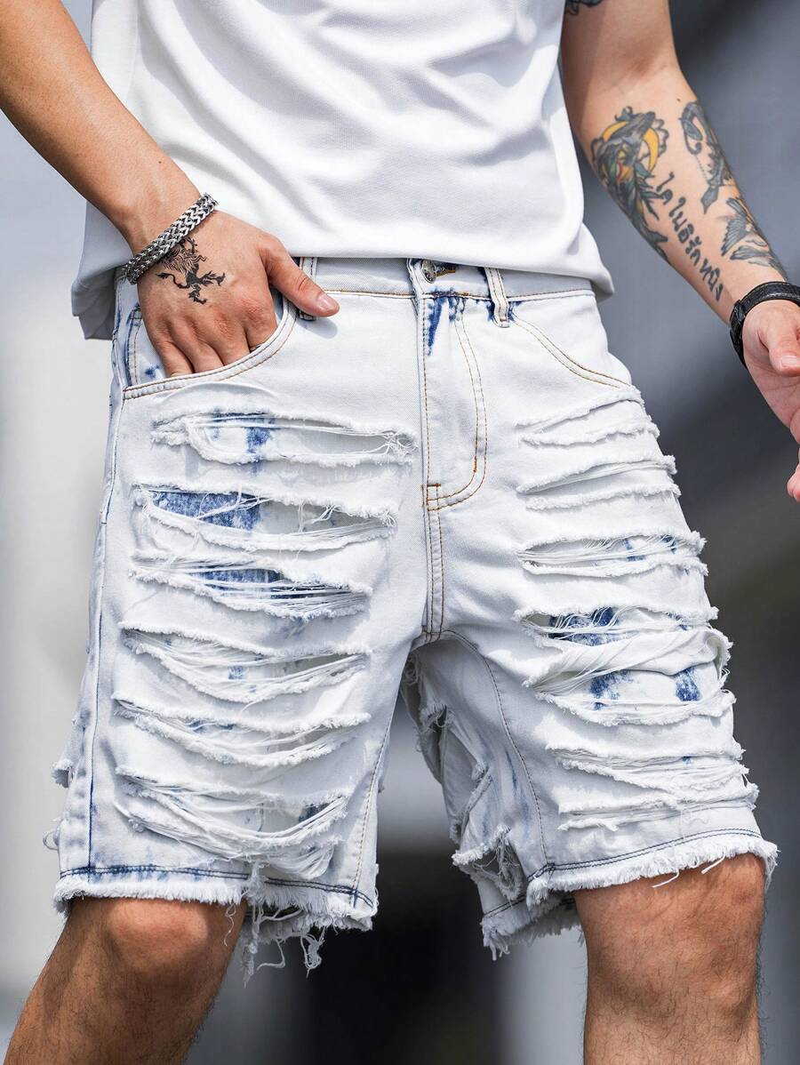 Manfinity 男款寬鬆割裂磨邊原始邊緣牛仔短褲 - 淺色水洗藍 - 查看 1