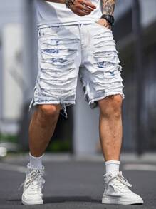 Manfinity 男款寬鬆割裂磨邊原始邊緣牛仔短褲 - 淺色水洗藍 - 查看 3