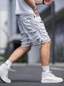 Manfinity 男款寬鬆割裂磨邊原始邊緣牛仔短褲 - 淺色水洗藍 - 查看 4