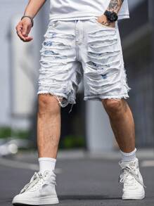 Manfinity 男款寬鬆割裂磨邊原始邊緣牛仔短褲 - 淺色水洗藍 - 查看 5