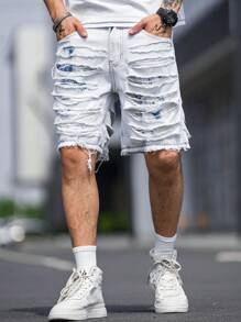 Manfinity 男款寬鬆割裂磨邊原始邊緣牛仔短褲 - 淺色水洗藍 - 查看 7