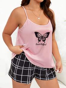 Plus Butterfly & Letter Graphic Cami Top & Quần short kẻ sọc Bộ PJ / Bộ Pyjama - Nhiều màu - Xem 5