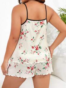 Plus Floral Print Contrast Binding Lettuce Trim PJ Set / Pajama Set - Apricot - View 2